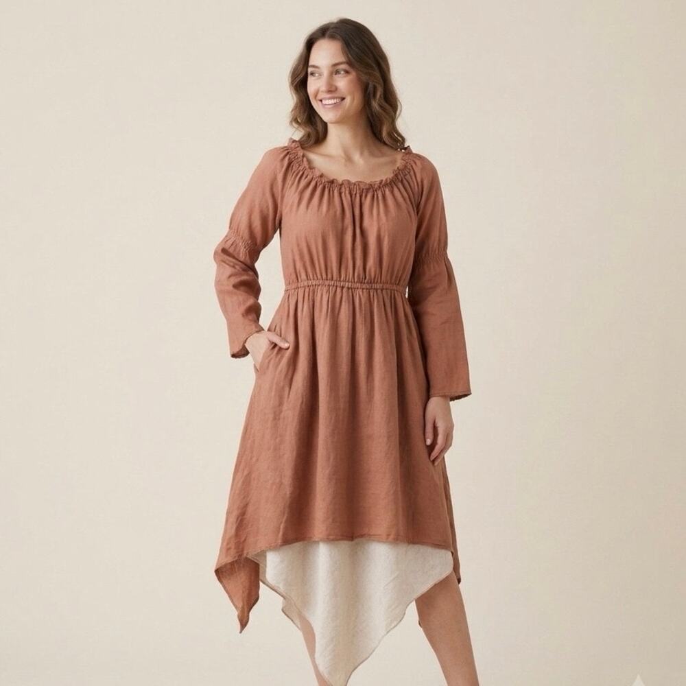 JP & Mattie Lagenlook Dress Boho Peasant Asymmetric Layered‎ Rust Terracotta